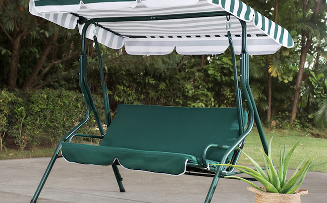 Sunjoy 2 Person Outdoor Swing Chair in green striped