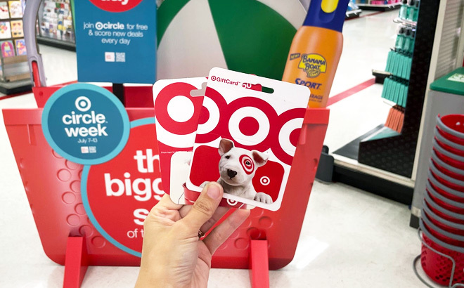 Target gift cards infront of target circle week sign