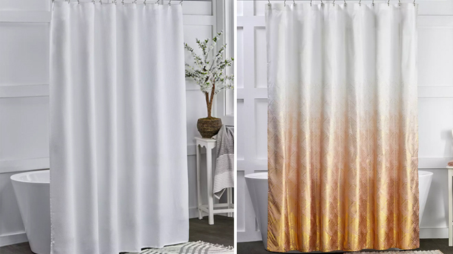 The Big One Pixel Shower Curtain and The Big One Solid Woven Shower Curtain