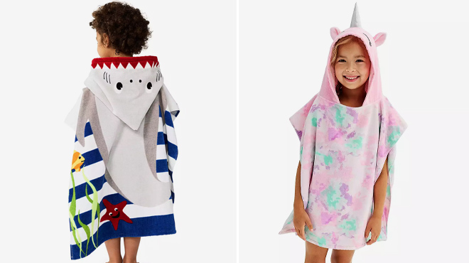 The Big One Shark Hooded Towel Poncho and Unicorn Hooded Towel Poncho