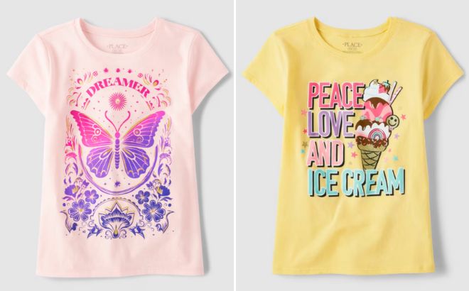 The Childrens Place Girls Dreamer Butterfly Graphic Tee and Peace Love Ice Cream Graphic Tee