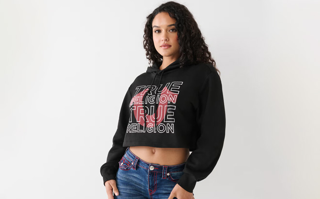 True Religion Logo Crop Hoodie in Black Color