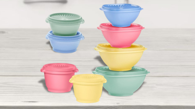 Tupperware Heritage 16 Piece Square and Round Bowl Set on a Table