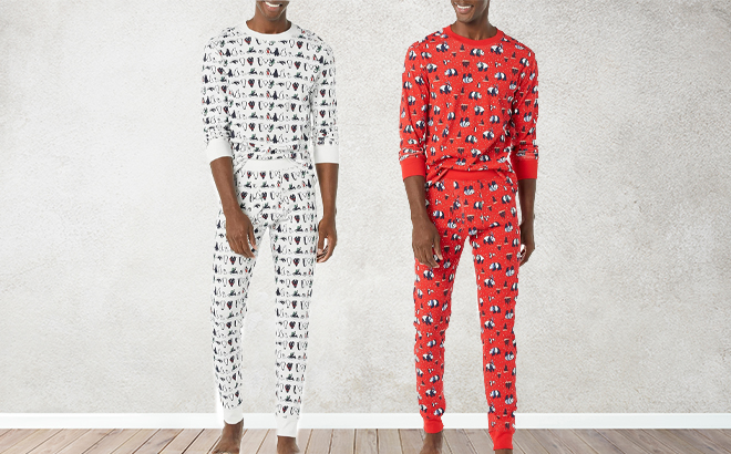 Two People Wearing the Amazon Essentials Mens Knit 2 Piece Pajama Sets in Two Colors