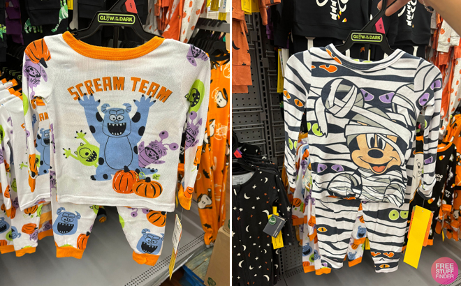 Two Pictures of Glow in the Dark Halloween Toddler Mickey Mouse Pajama Set on a Hanger and Glow in the Dark Halloween Toddler Monsters Inc Pajama Set on a Hanger