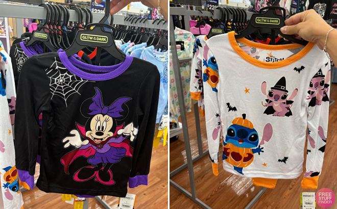 Two pictures of Minnie Mouse Halloween Snug Fit Pajama Set on a Hanger and Lilo Stitch Halloween Snug Fit Pajama Set on a Hanger