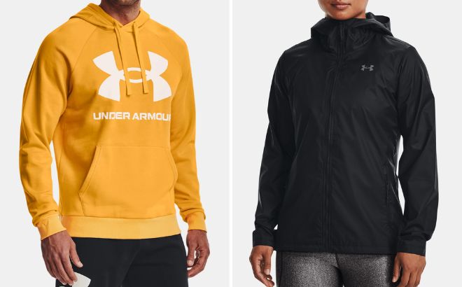 Under Armour Mens Rival Fleece Big Logo Hoodie and Womens Storm Forefront Rain Jacket