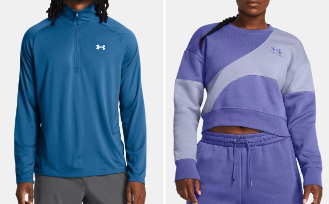 Under Armour Mens Tech Zip Long Sleeve and Womens Icon Fleece Crop