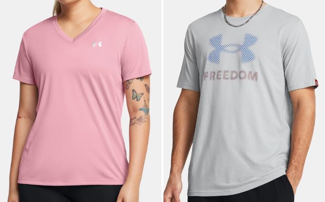 Under Armour Womens Tech V Neck Short Sleeve and Mens Freedom Amp T Shirt