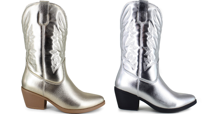 Unionbay Womens Dolly Cowboy Boots in Gold and Silver Colors