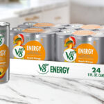 V8 Energy Peach Mango Juice Energy Drink 24 Pack on a Kitchen Counter