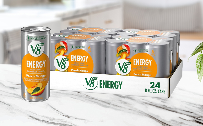 V8 Energy Peach Mango Juice Energy Drink 24 Pack on a Kitchen Counter