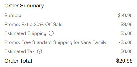 VANS Shoes Order Summary