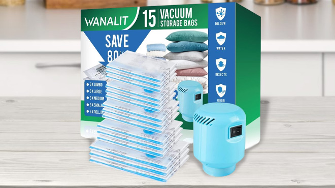 Vacuum Storage Bags 15 Pack with Electric Air Pump on a Table