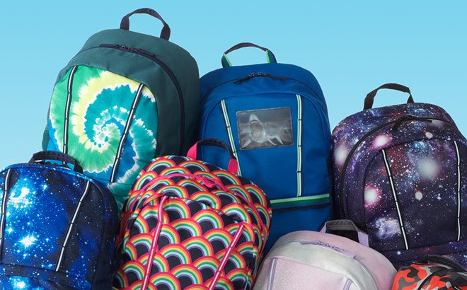 Various Lands End Backpacks on a Blue Background