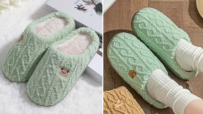 Womens Ultra Soft Bear Pattern Plush Slippers