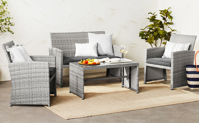 4 Piece Outdoor Wicker Conversation Patio Set in Gray