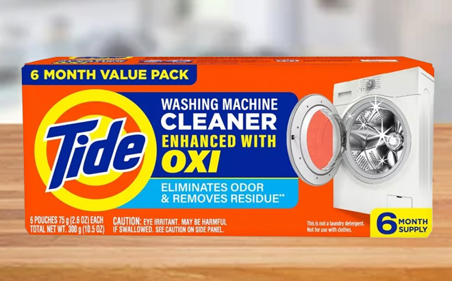 A Box of Tide Washing Machine Cleaner on a Table