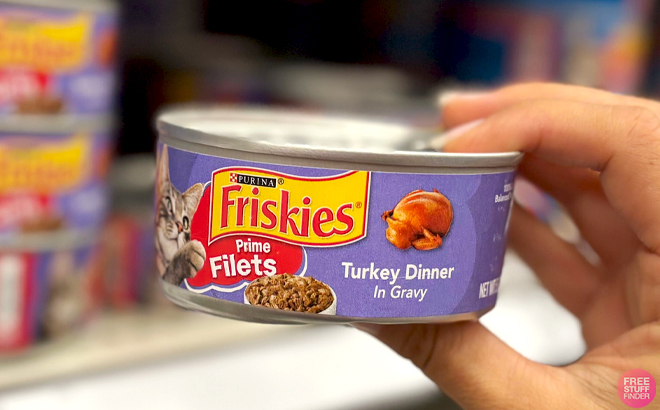 A Hand holding a Can of Friskies Turkey Dinner in Gravy Wet Food