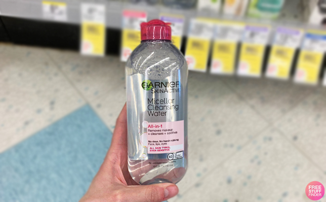 A Person Holding a Bottle of Garnier Micellar Water All in 1 Cleanser