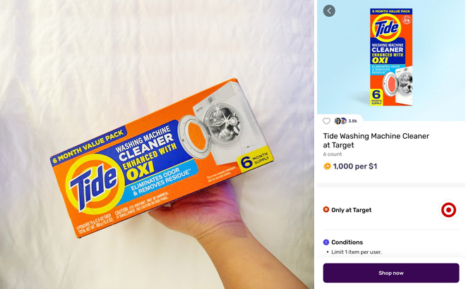 A Person Holding a Box of Tide Washing Machine Cleaner and Fetch Reawrds Screenshot