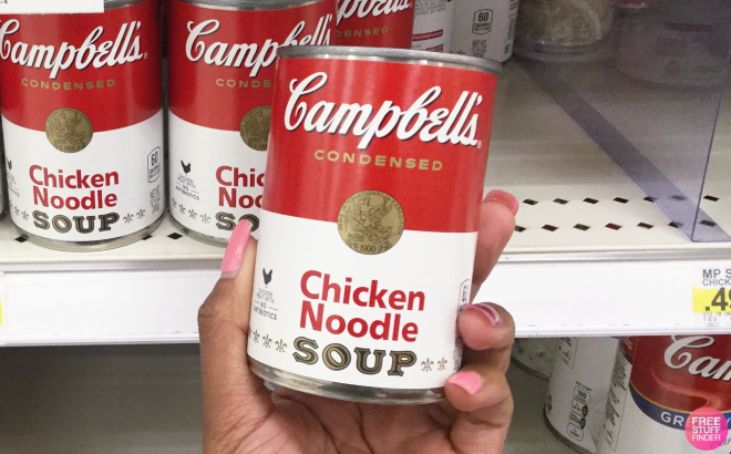 A Person Holding a Can of Campbells Condensed Chicken Noodle Soup