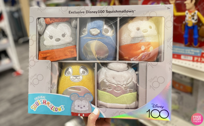 A Person Holding a Disney100 Squishmallows 5 Piece Plush Box Set