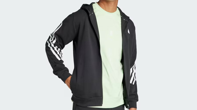 A Person Wearing Adidas Mens 3 Stripes Full Zip Hoodie