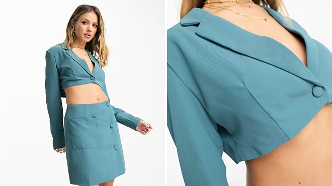 A Person Wearing Lola May Cropped Blazer in Teal