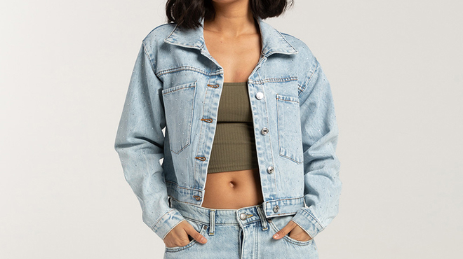 A Person wearing Ashley Denim Rhinestone Womens Jacket