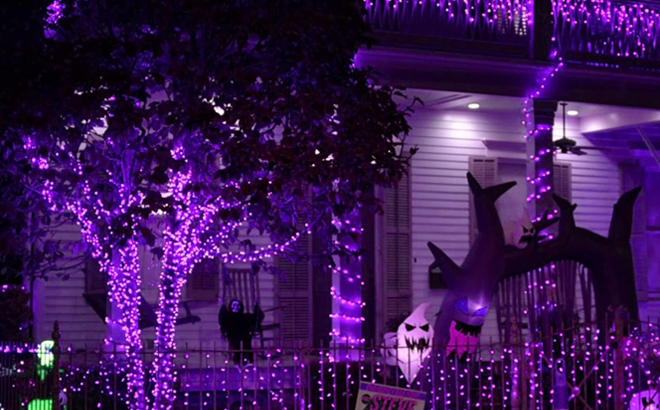 A Porch decorated with LED String Lights in Purple Color