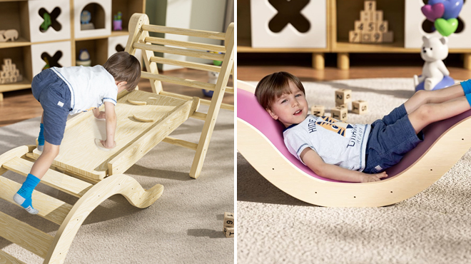 A Toddler Playing on Pikler Triangle Set Climber