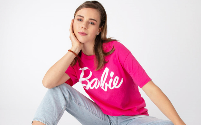 A Woman Wearing Barbie Tee Hot Pink