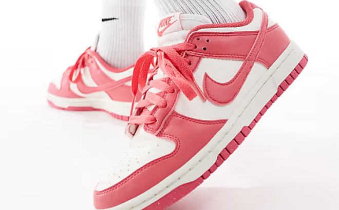 A Woman Wearing Nike Dunk Low Shoes in Pink