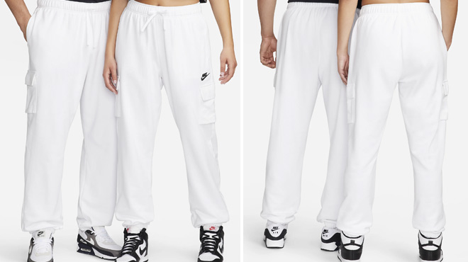 A Woman and Man Wearing Nike Sportswear Club Fleece Mid Rise Oversized Cargo Sweatpants