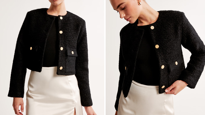 Abercrombie Fitch Collarless Boucle Jacket in Black