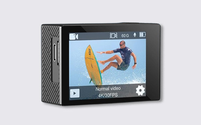 Action Waterproof Camera on a Light Gray Background