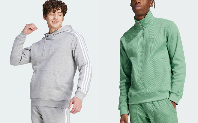 Adidas Mens Essentials Fleece 3 Stripes Hoodie and Mens Trefoil Essentials Waffle Zip Sweatshirt