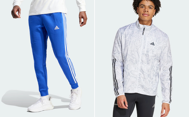 Adidas Mens Essentials Fleece 3 Stripes Tapered Cuff Pants and Mens Own the Run Excite Wind rdy Jacket