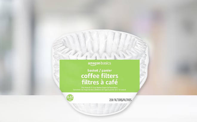 Amazon Basics 200 Coount Basket Coffee Filters on a Table