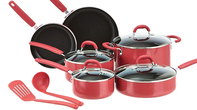 Amazon Basics Aluminum 12 Piece Cookware Set Red