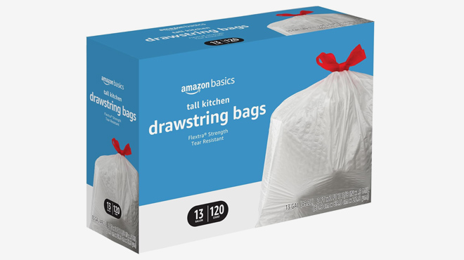 Amazon Basics Flextra Tall Kitchen Drawstring Trash Bags 120 Count