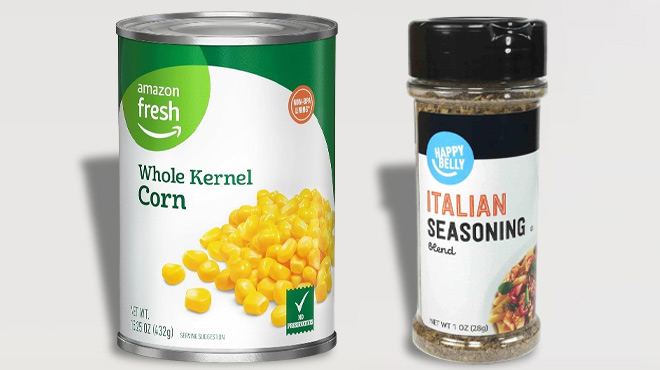 Amazon Fresh Canned Whole Kernel Corn and Amazon Brand Happy Belly Italian Seasoning Blend