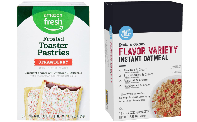 Amazon Fresh Frosted Strawberry Toaster Pastries and Happy Belly Instant Oatmeal