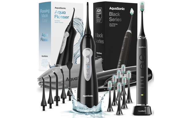 Aquasonic Ultra Whitening Electric Toothbrush and Aqua Flosser Bundle