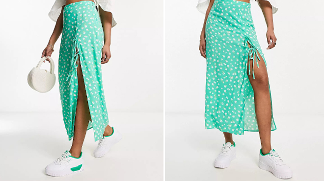 Asos Bow Detail Midi Skirt with Thigh Split in Green Ditsy Floral Print