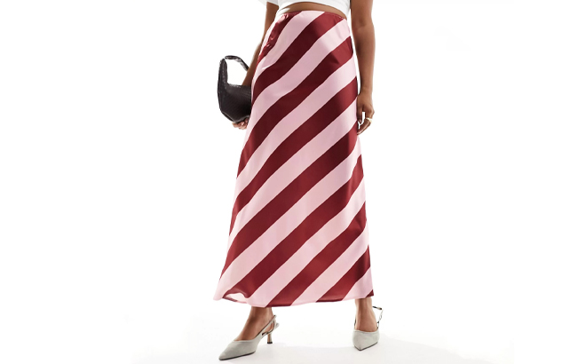 Asos Satin Bias Maxi Skirt in Red and Burgundy Stripes 