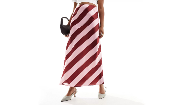 Asos Satin Bias Maxi Skirt in Red and Burgundy Stripes