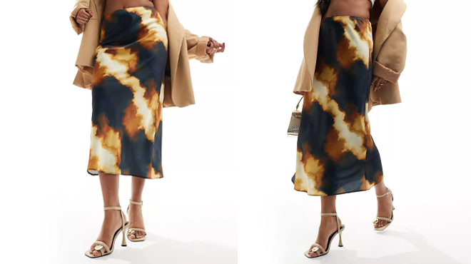 Asos Satin Bias Midi Skirt in Abstract Leopard Print