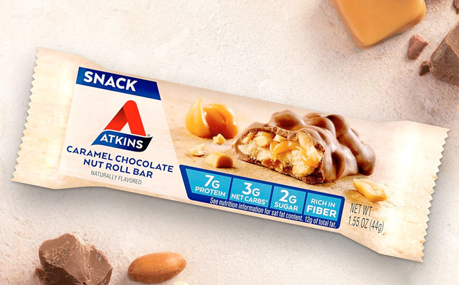 Atkins Caramel Chocolate Nut Roll Snack Bar Protein Snack High in Fiber 2g Sugar 16 Count